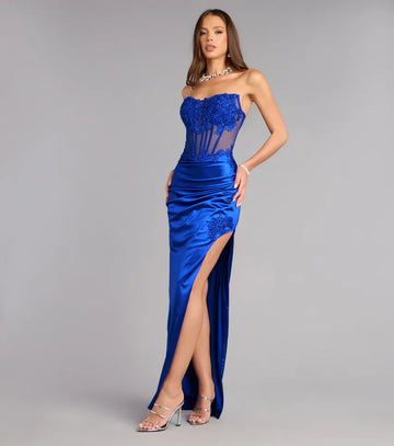 Glamorous Strapless Satin Corset Column Formal Dress Applique Evening Dress With Slit