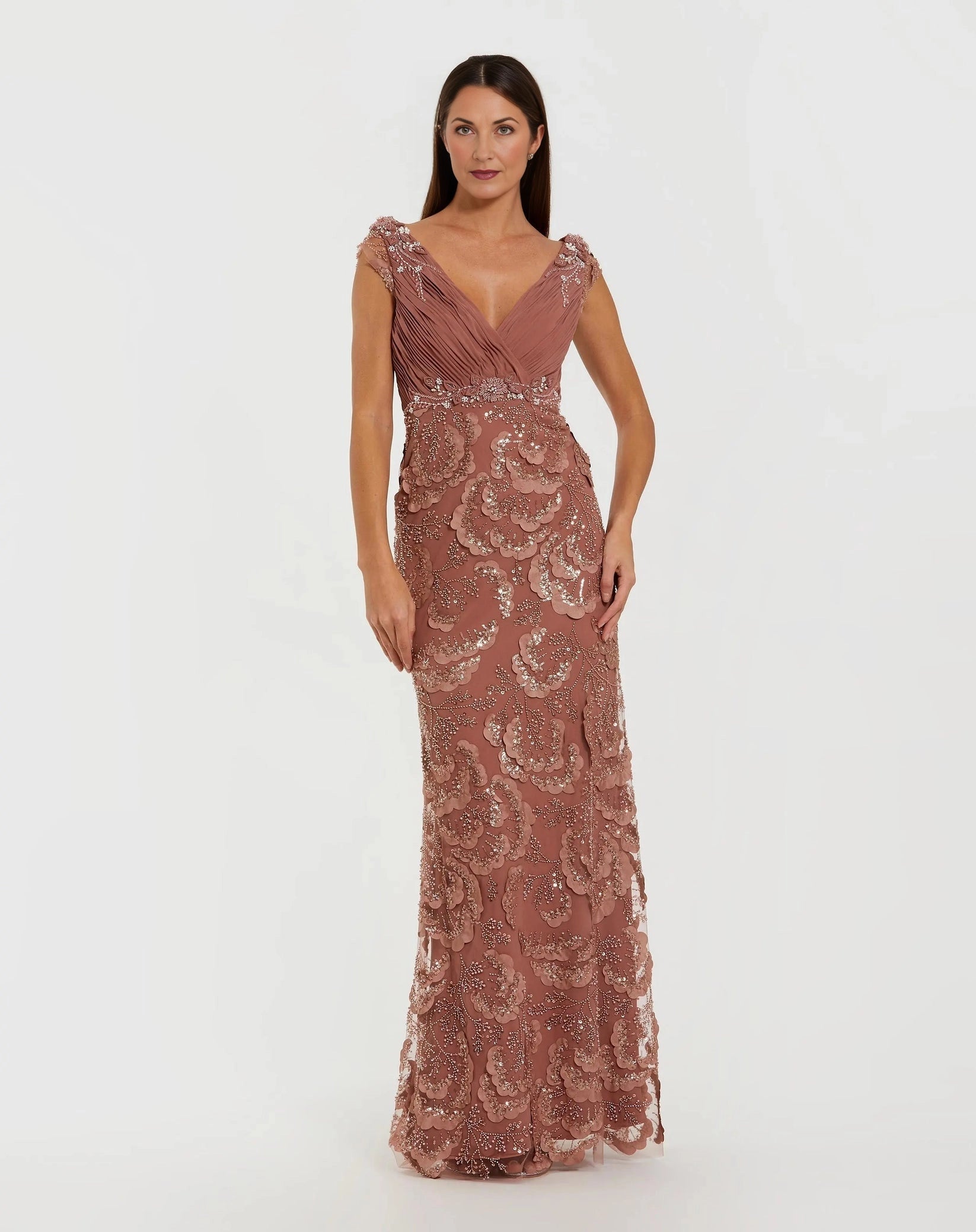 Navy Sheath V‑Neck Cap Sleeve V‑Back Long Mother Of The Bride Dress