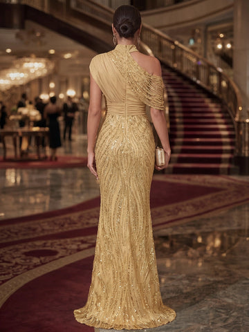 Back view of gold sequin evening dress featuring an asymmetric shoulder design, high neckline, concealed zipper, and shimmering floor-length skirt.