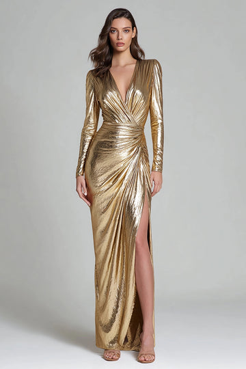 Chic Mermaid Surplice Long‑Sleeve Closed‑Back Floor‑Length Prom Evening Dress