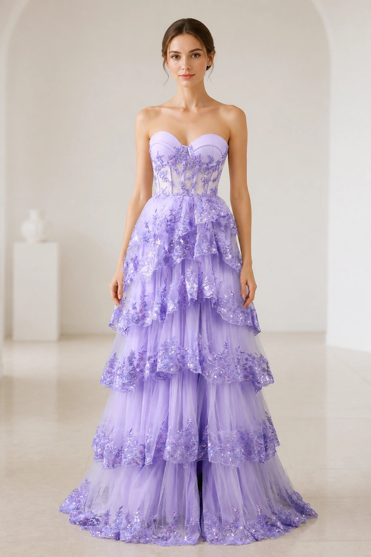  Lavender strapless tiered prom dress,sequin lace tulle long gown vedress