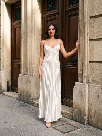 Vedress white pleated prom dress, spaghetti strap v‑neck minimalist floor‑length formal gown