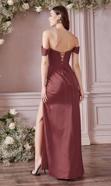 Gorgeous Fitted Off-the-shoulder Sleeveless Satin Floor-length Lace-up High-slit Evening Gown