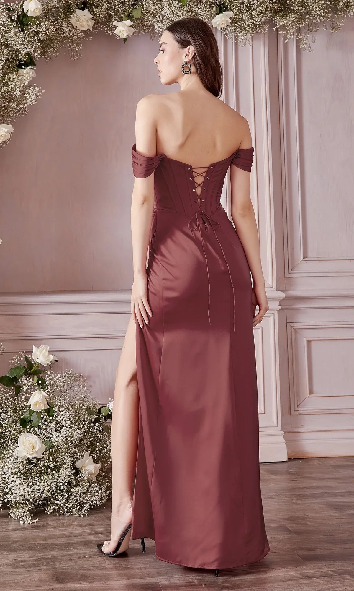Gorgeous Fitted Off-the-shoulder Sleeveless Satin Floor-length Lace-up High-slit Evening Gown