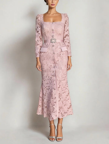 Vedress dusty pink mermaid midi mother of the bride dress,square neck,long sheer lace sleeves,rhinestone waist belt