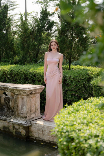 Vedress dusty pink satin strapless bridesmaid dress draped waist for garden wedding