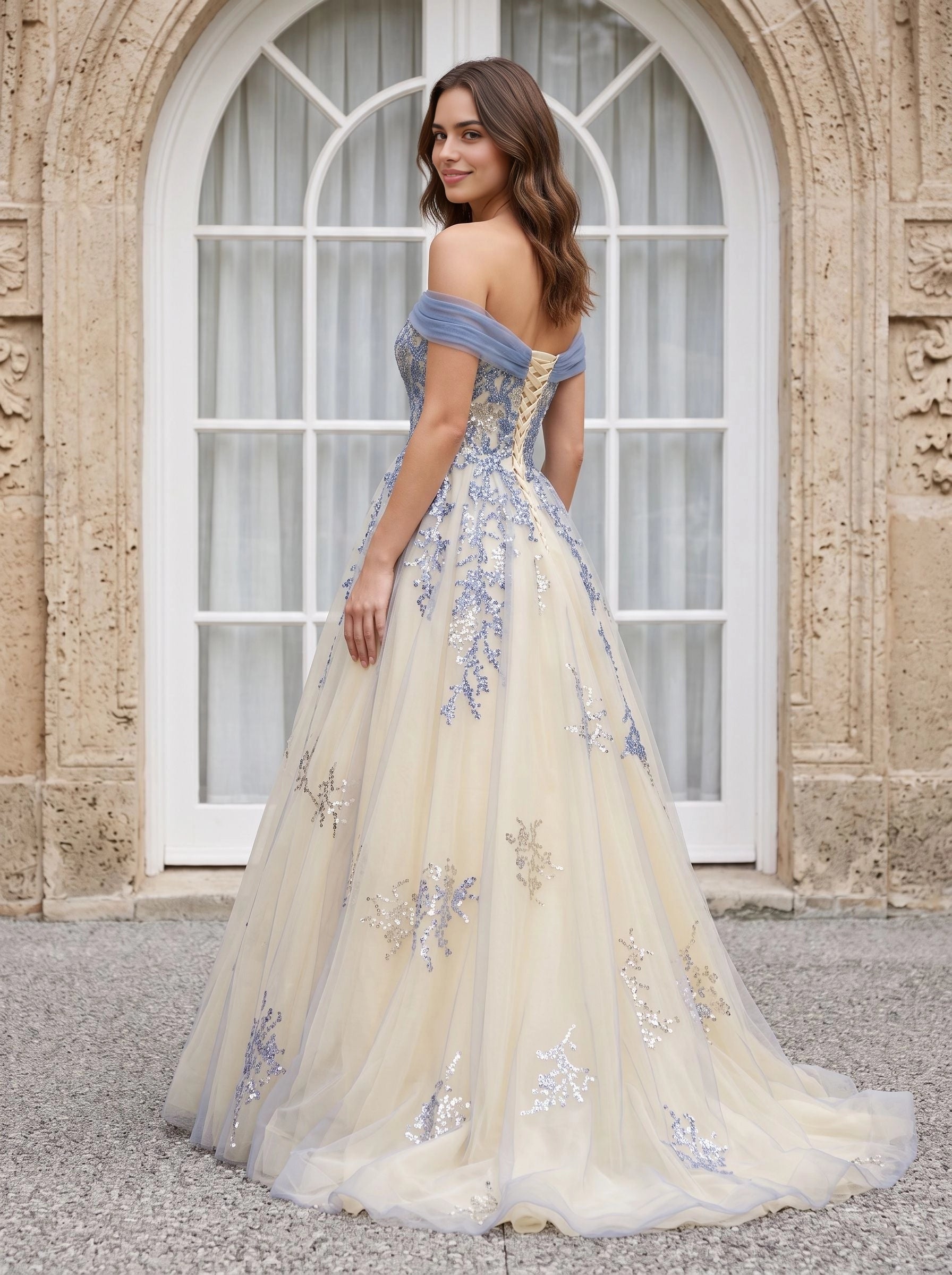Champagne tulle a‑line floor‑length wedding guest dress off‑the‑shoulder dusty blue silver sequin applique corset lace‑up back formal gown by Vedress