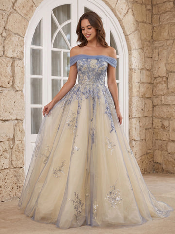 Champagne tulle a‑line floor‑length wedding guest dress off‑the‑shoulder dusty blue silver sequin applique corset lace‑up back formal gown by Vedress