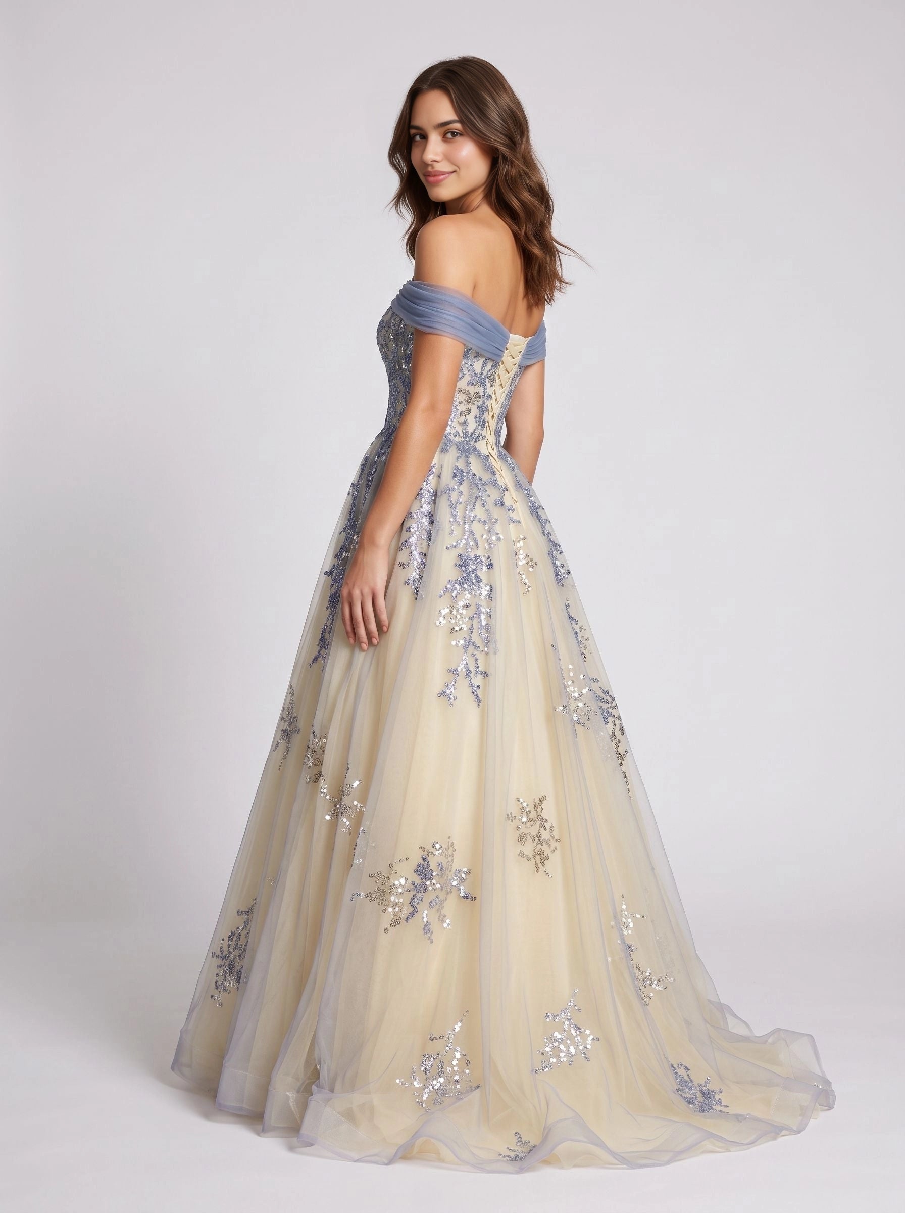 Gorgeous A‑Line Off‑The‑Shoulder Short‑Sleeve Lace‑Up‑Back Floor‑Length Wedding Guest Dress