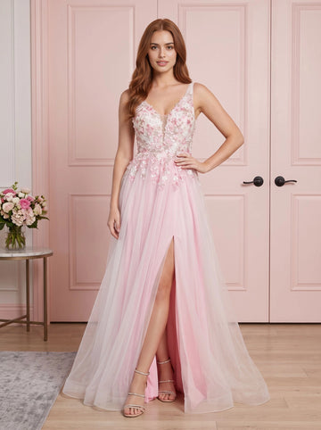 Pink a‑line prom dress v‑neck sleeveless 3d floral applique low open back high slit sparkly tulle long formal gown by Vedress
