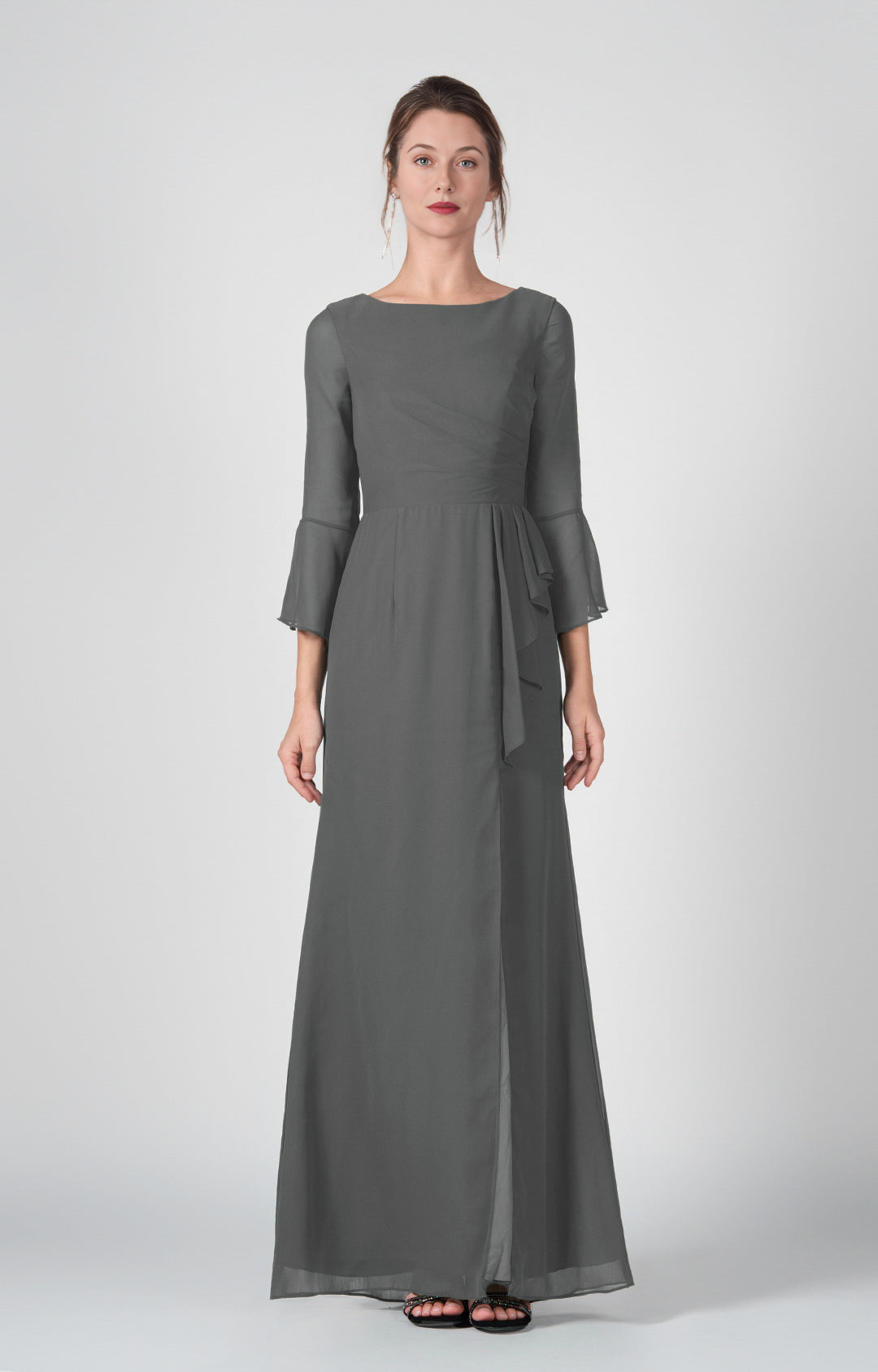 Elegant Sheath Boat Neck Bell Sleeve Open Back Floor-Length Bridesmaid Gown Formal Wedding Guest Dresses