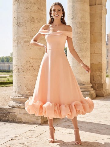 Vedress peach satin bridesmaid dress,off‑the‑shoulder neck,a‑line midi skirt with bubble ruffle hem
