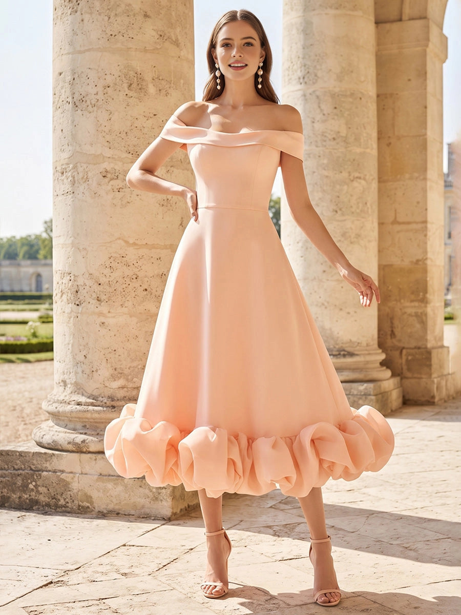 Vedress peach satin bridesmaid dress,off‑the‑shoulder neck,a‑line midi skirt with bubble ruffle hem