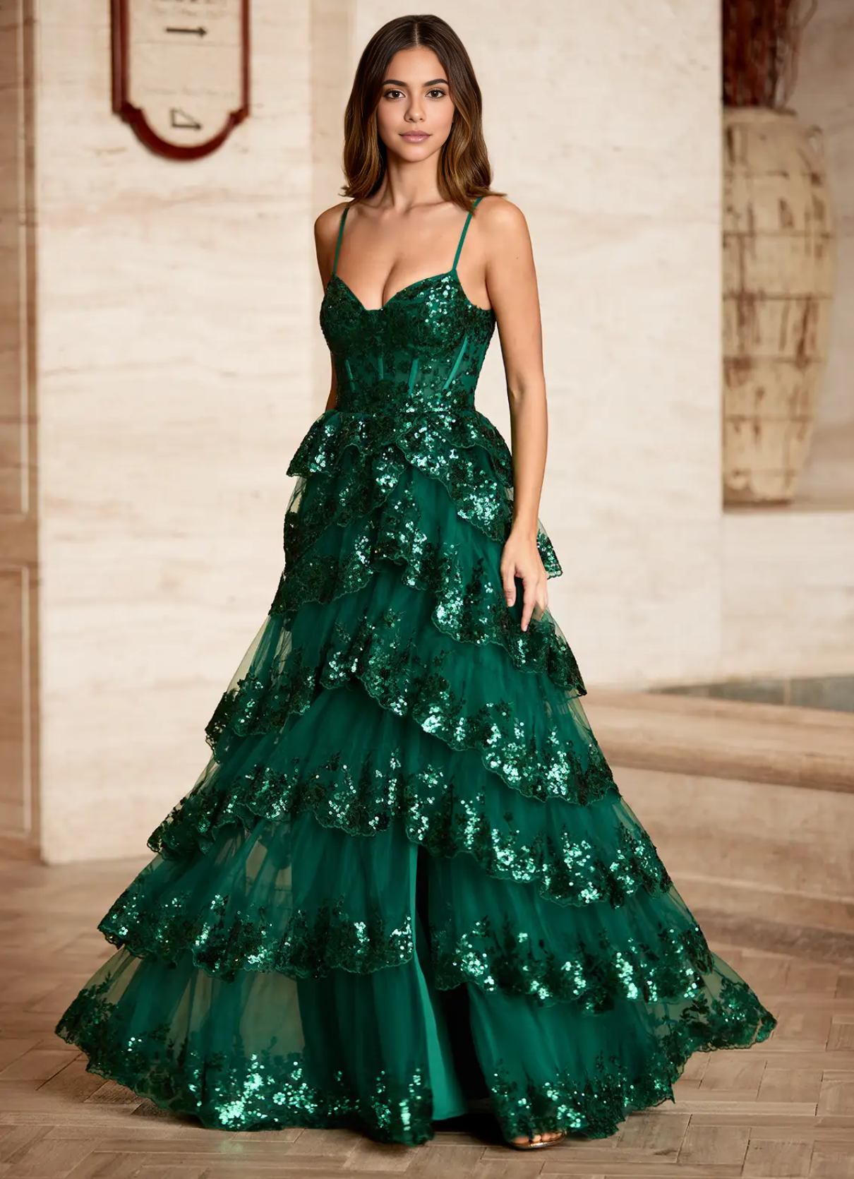 Black Statement A-Line Sweetheart Spaghetti Strap Sequin Tiered Ruffle Prom Gown