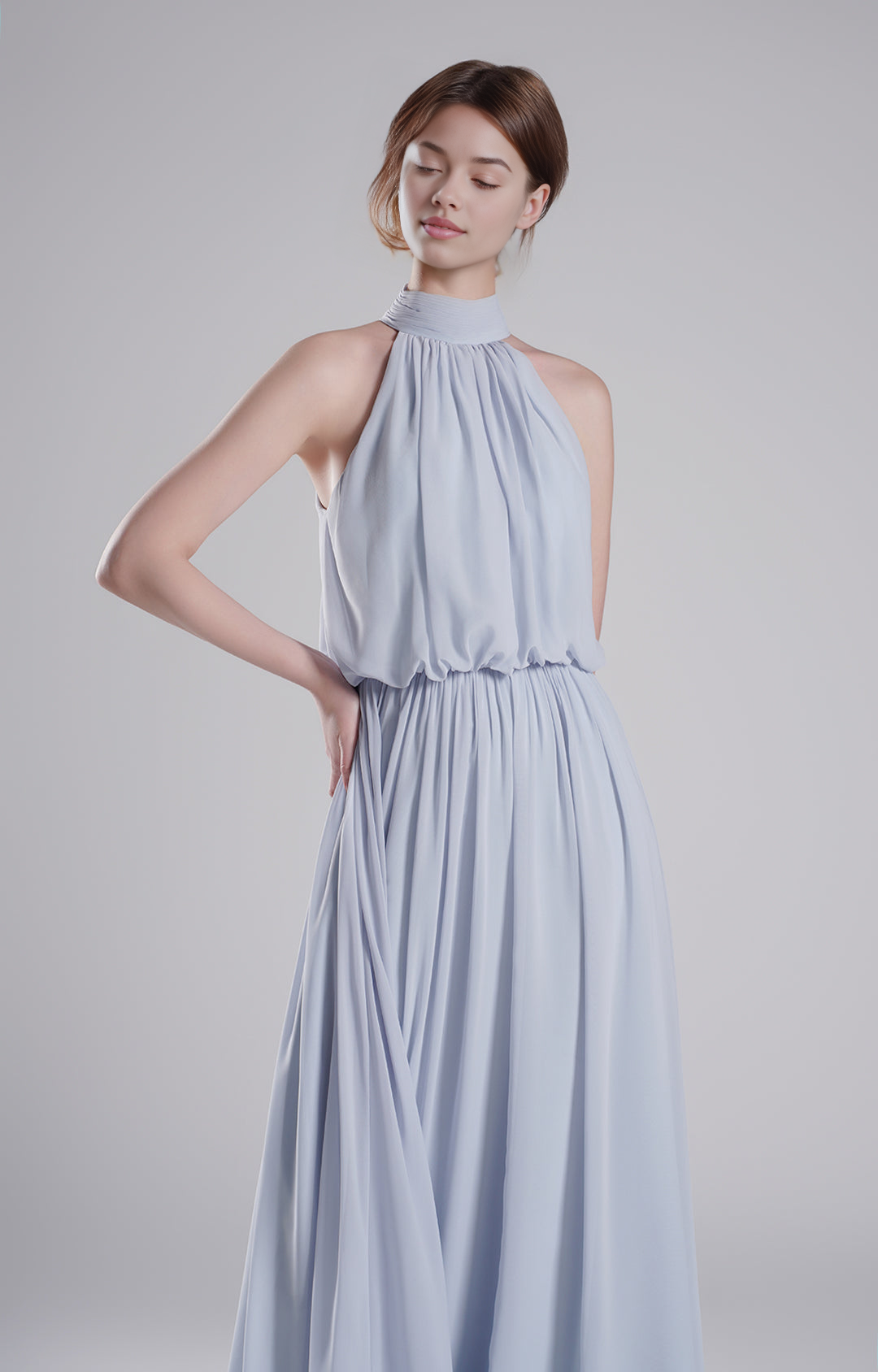 Elegant Halter Neck Pleated Flowing A-Line Sleeveless Open Back Floor-Length Bridesmaid Dresses