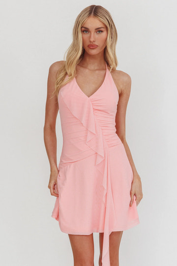 Ruffled Halter Neck Chiffon Mini Party Dress With Ruched Waist