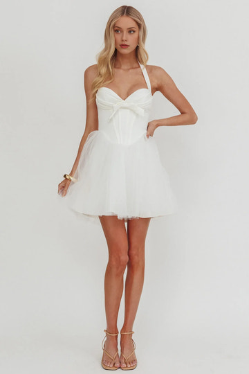 Halter Neck Corset Tulle Mini Homecoming Dress With Bow & Lace-Up Back