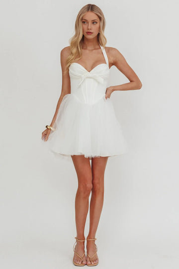 Halter Neck Corset Tulle Mini Homecoming Dress With Bow & Lace-Up Back