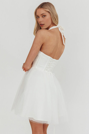 Halter Neck Corset Tulle Mini Homecoming Dress With Bow & Lace-Up Back
