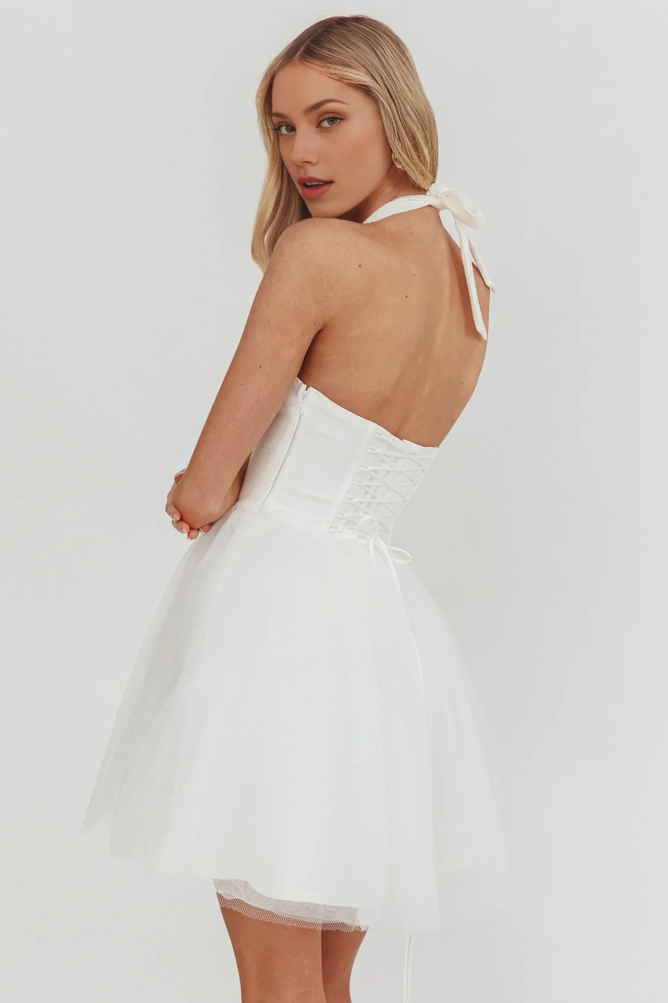 Halter Neck Corset Tulle Mini Homecoming Dress With Bow & Lace-Up Back