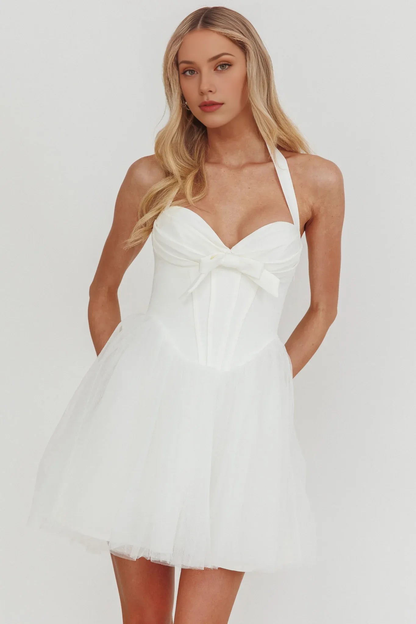 Halter Neck Corset Tulle Mini Homecoming Dress With Bow & Lace-Up Back