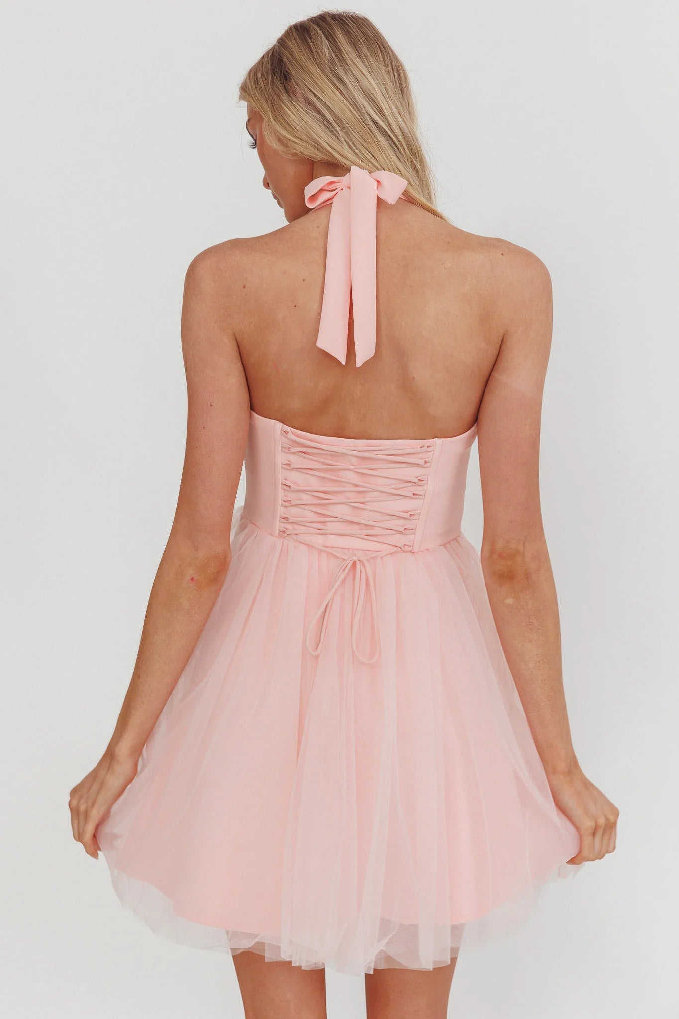 Halter Neck Corset Tulle Mini Homecoming Dress With Bow & Lace-Up Back