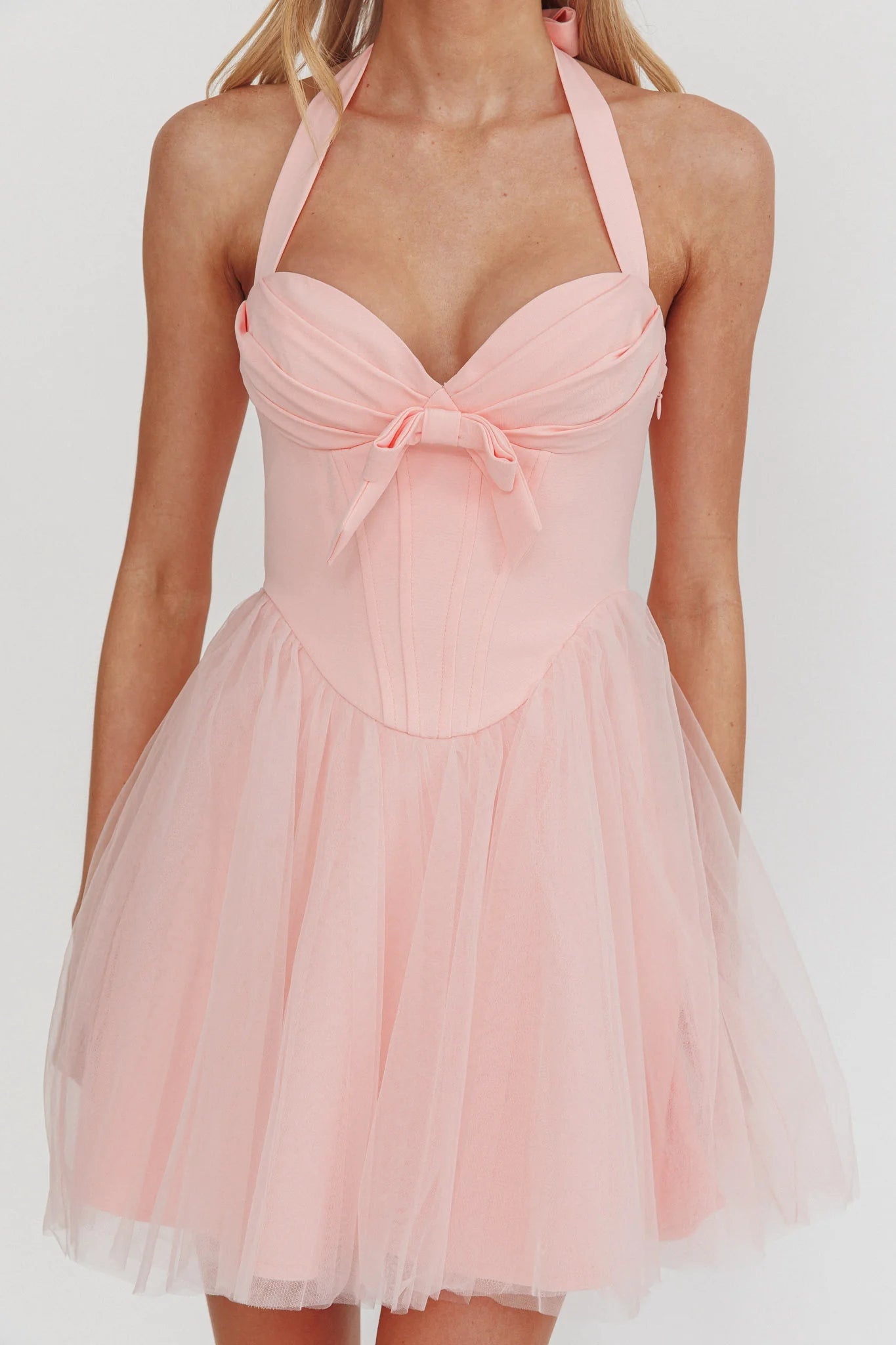 Halter Neck Corset Tulle Mini Homecoming Dress With Bow & Lace-Up Back