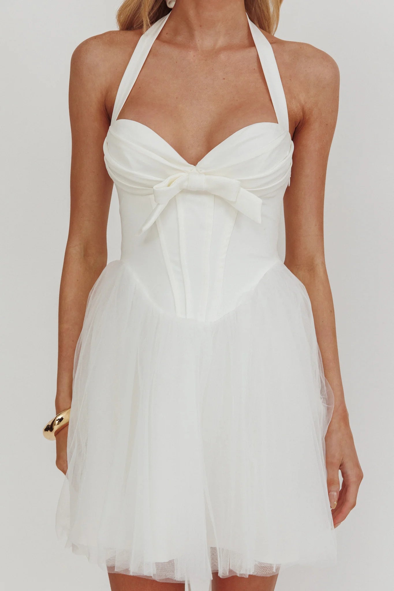 Halter Neck Corset Tulle Mini Homecoming Dress With Bow & Lace-Up Back