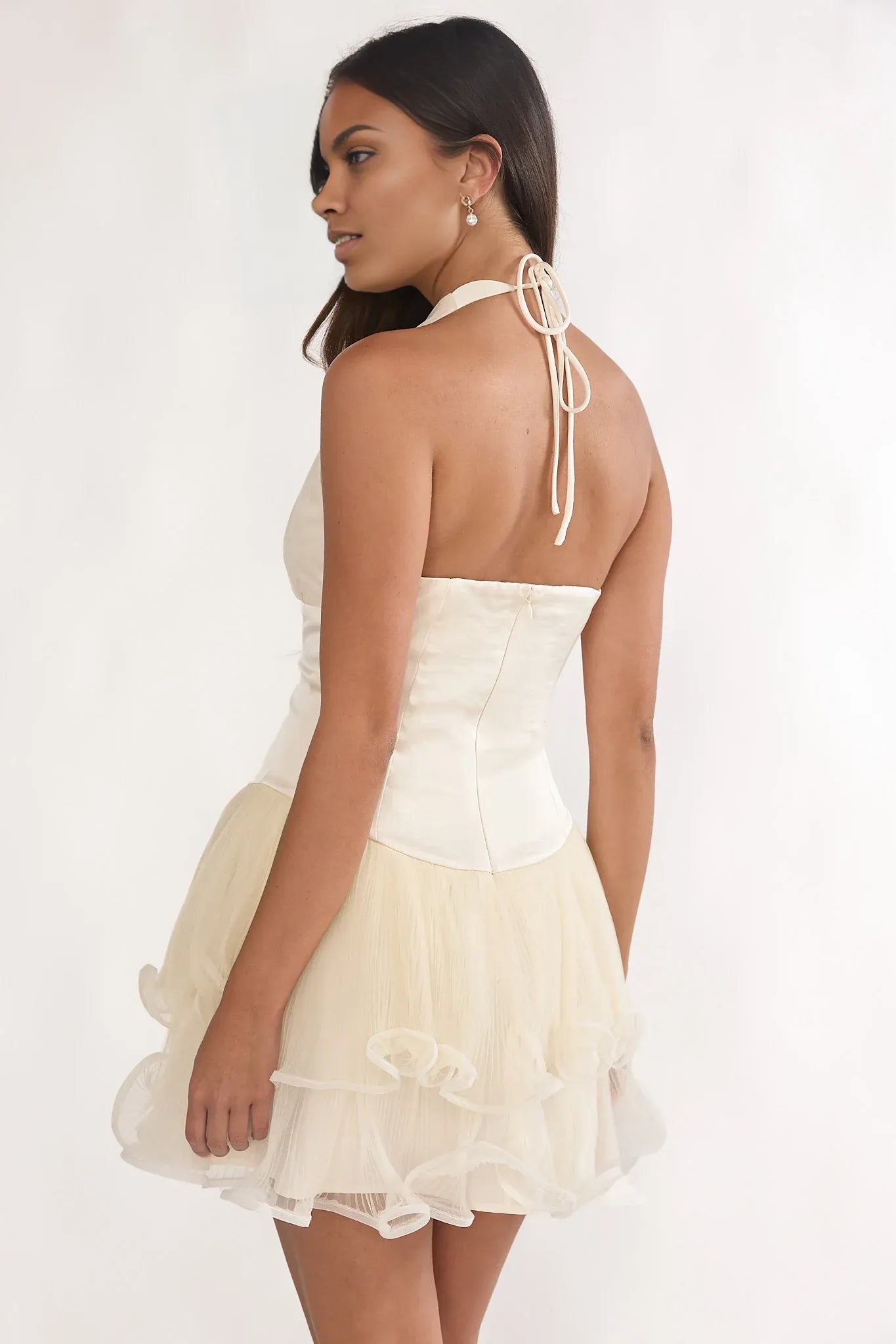 Halter Neck Satin Tulle Mini Homecoming Dress With Ruffled Hem