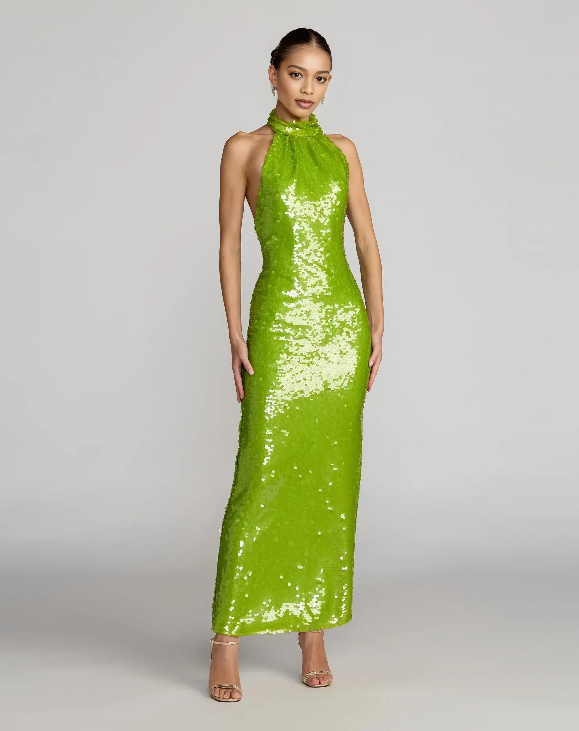 Halter Neck Sleeveless Open Back Maxi Dress Sequin Party Gown