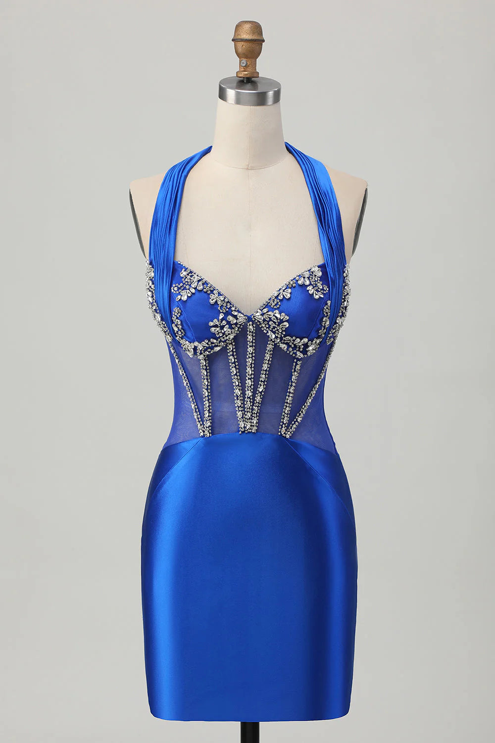 Bodycon Halter Satin Short Corset Beaded Homecoming Dress