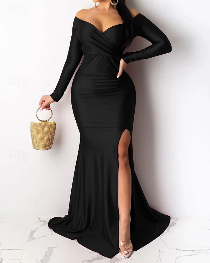 Satin Mermaid Off Shoulder Long Sleeve Zip Back Train Prom Dress