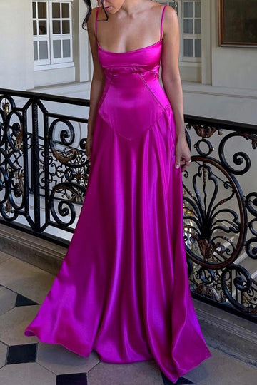Hot pink square neck spaghetti strap floor-length prom dress with fitted bodice