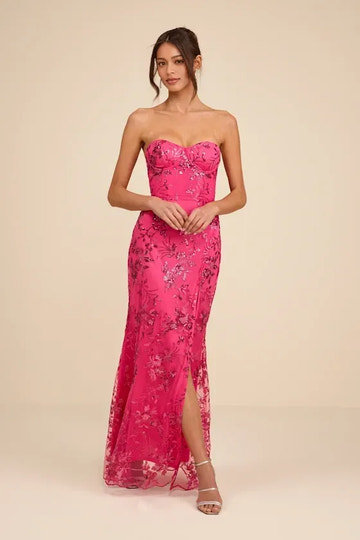 Glamorous Mermaid Maxi Dress Strapless Open Back Sequin Tulle Floor-Length Prom Dress
