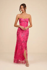 Glamorous Mermaid Maxi Dress Strapless Open Back Sequin Tulle Floor-Length Prom Dress