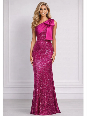 Fuchsia one shoulder sequin prom gown with statement bow detail, fitted sheath silhouette, sleeveless design, and formal evening style by VEDRESS