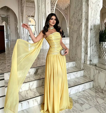 Radiant A-Line One Shoulder Sleeveless Cape Back Floor Length Prom Dress