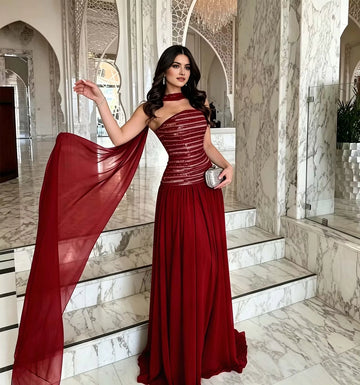 Radiant A-Line One Shoulder Sleeveless Cape Back Floor Length Prom Dress