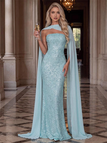 Ice blue sequin sheath evening dress with straight neckline and flowing cape front view