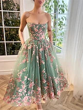 Sage A-Line Strapless Zip Back Midi Prom Dress
