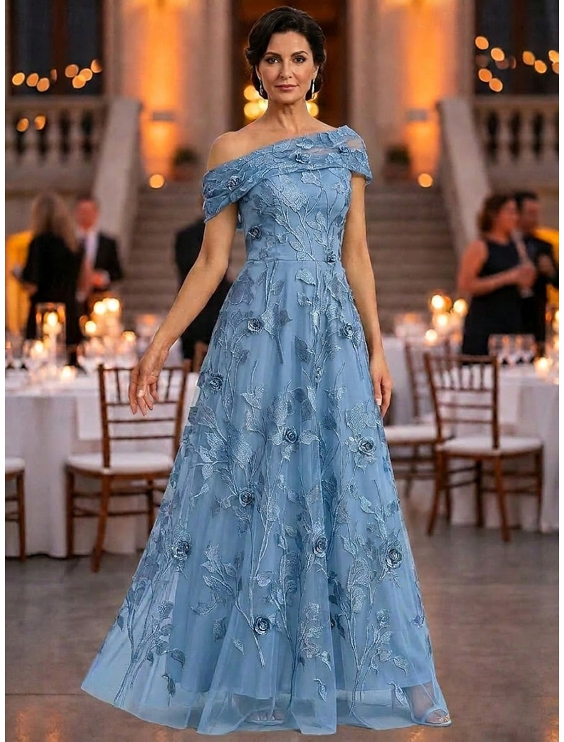 Elegant A‑Line Off‑The‑Shoulder Short‑Sleeve Zip‑Back Long Mother‑Of‑Bride gown