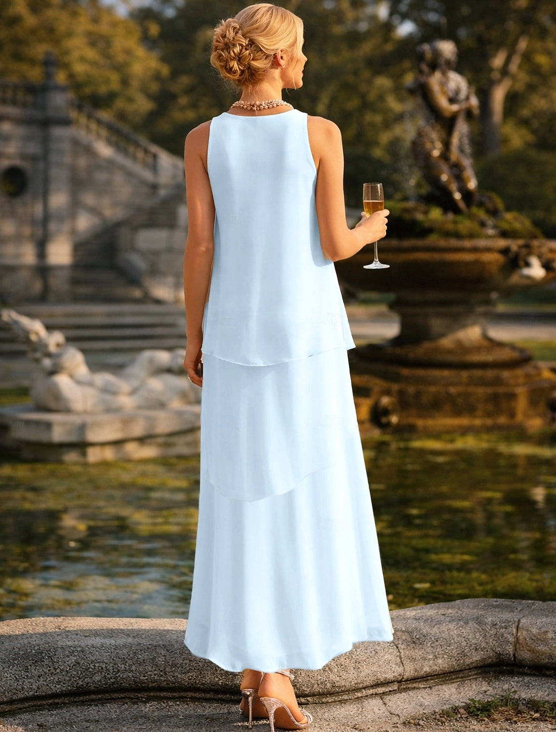 Light Blue A-Line U-Neck Sleeveless Plain Back Maxi Mother Of The Bride Dress