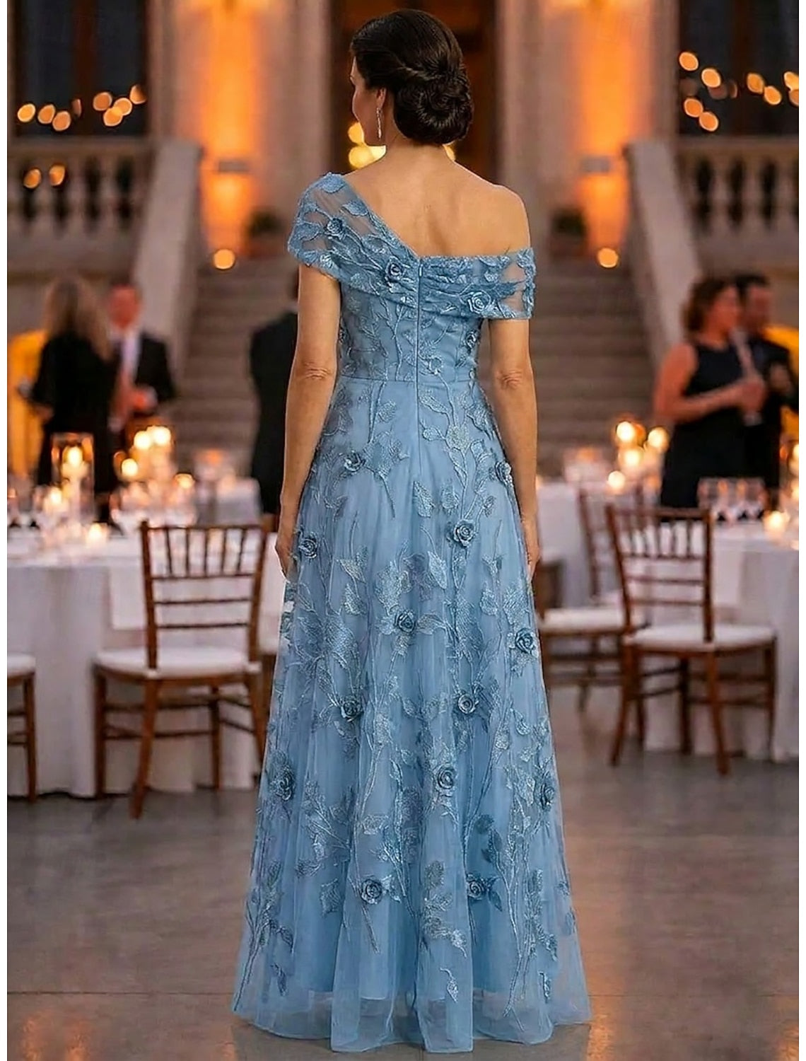 Elegant A‑Line Off‑The‑Shoulder Short‑Sleeve Zip‑Back Long Mother‑Of‑Bride gown