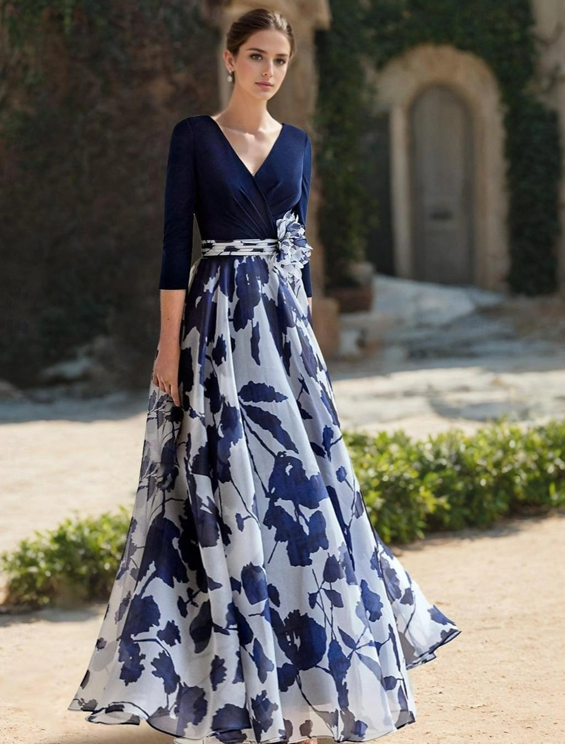 Fuchsia A-Line V Neck 3/4 Sleeve Deep V Back Floral Print Floor Length Mother Of The Bride Dress