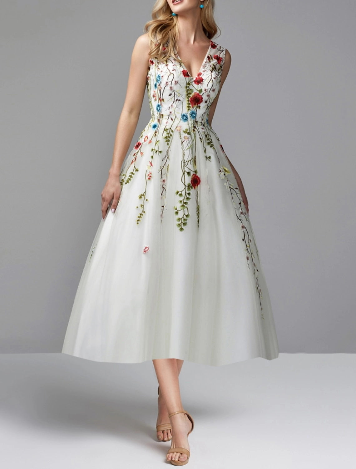 Romantic A Line V Neck Sleeveless V Back Long Prom Dress