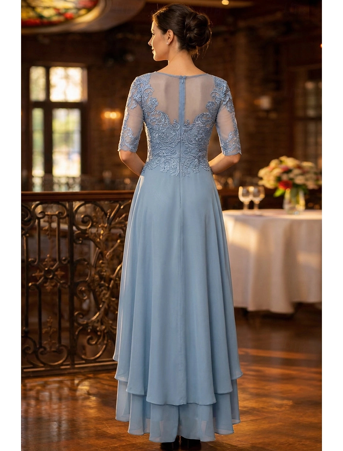 Dusty Blue A-Line Round Neck Elbow Sleeve Illusion Back High Low Mother Of The Bride Dress