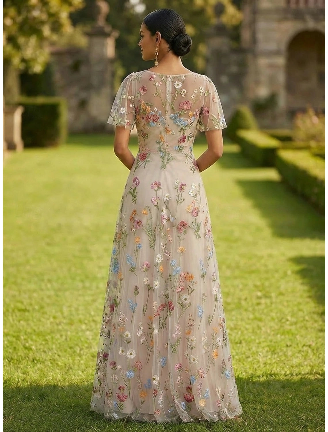 Nude A-Line V-Neck Flutter Sleeve Illusion Back Floor-Length Wedding Guest Dress