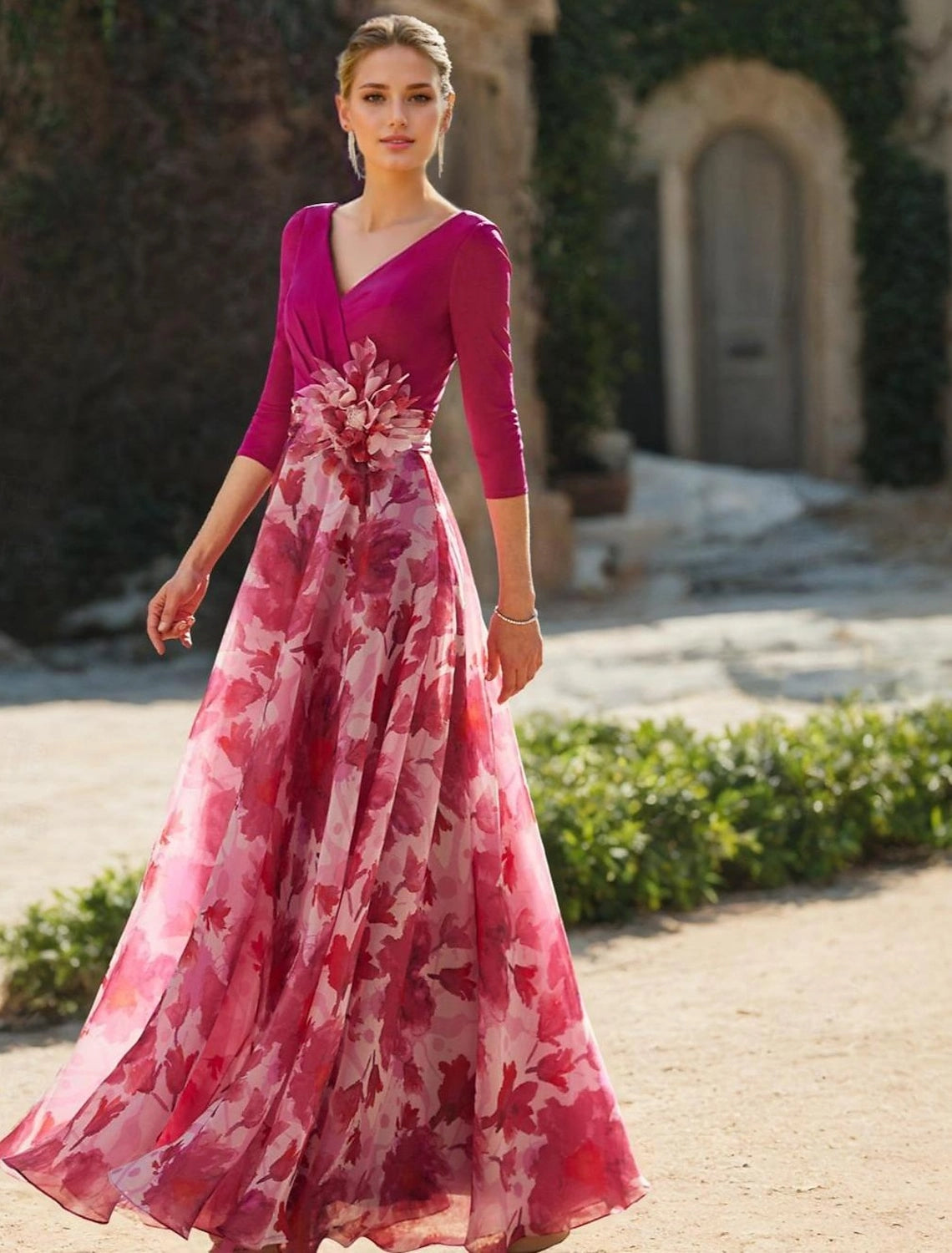 Vedress fuchsia a-line mother of the bride dress v neck 3/4 sleeve floral print chiffon formal gown with flower waist