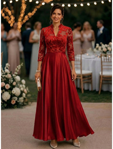 Navy A-Line High Neck 3/4 Sleeve Lace Back Floor Length Mother Of The Bride Dress