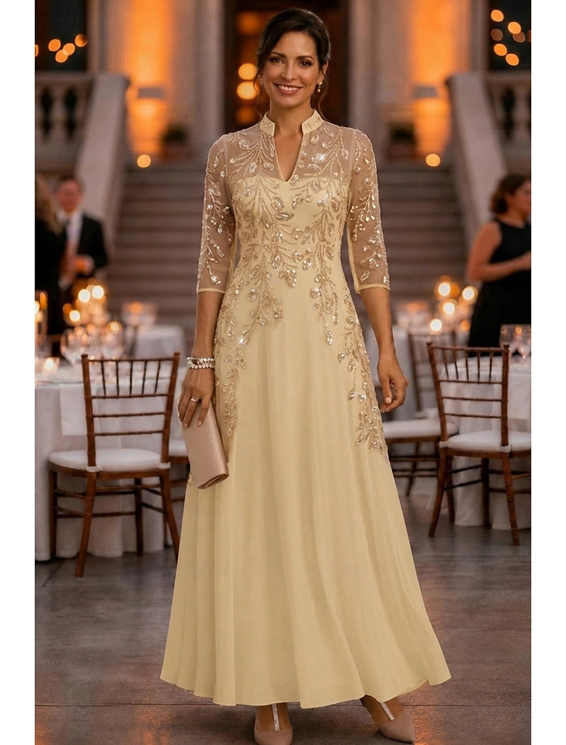 Vedress champagne gold sequin a-line floor length mother of the bride dress notch neck elbow sleeve chiffon gown